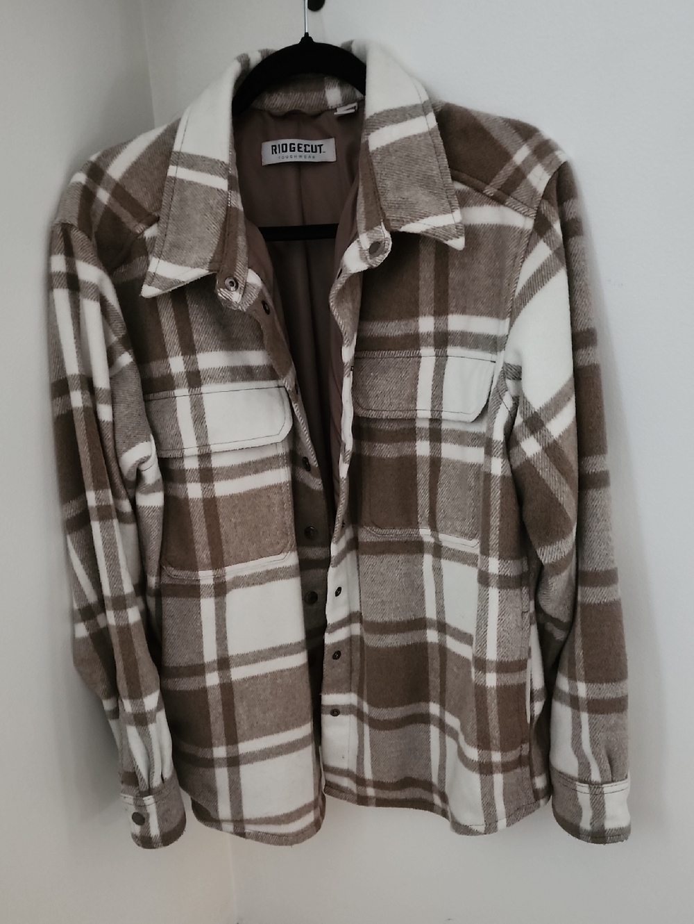 Ridgecut Plaid Button-Up Shacket in Taupe and Cream
